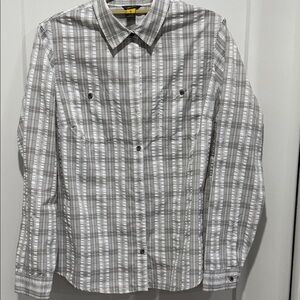 Eddie Bauer Gray Plaid Button-Up Shirt with Yellow Size Tab
